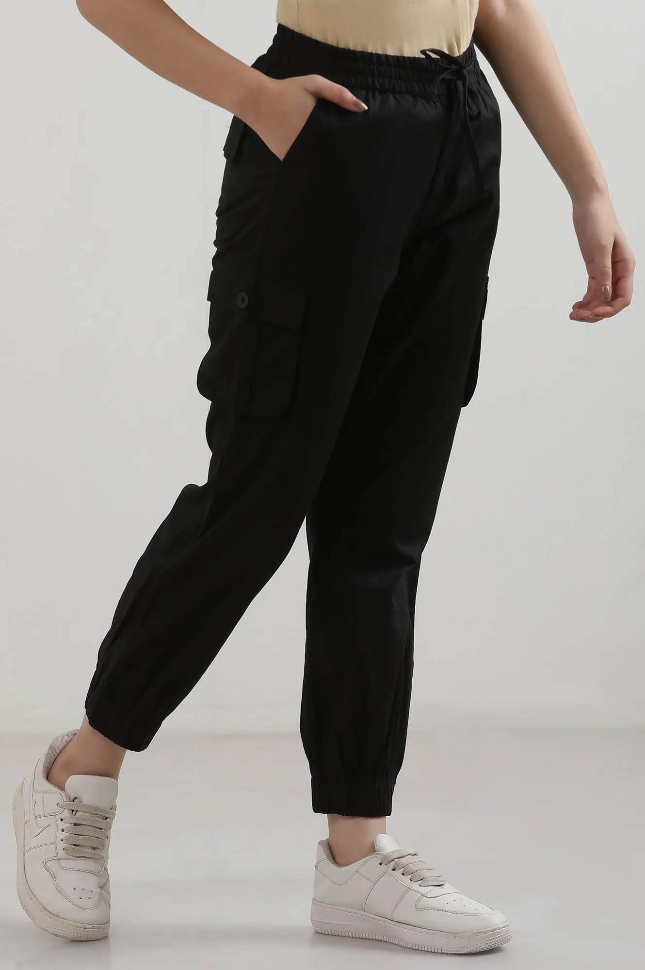 Black Solid Pure Cotton Cargo