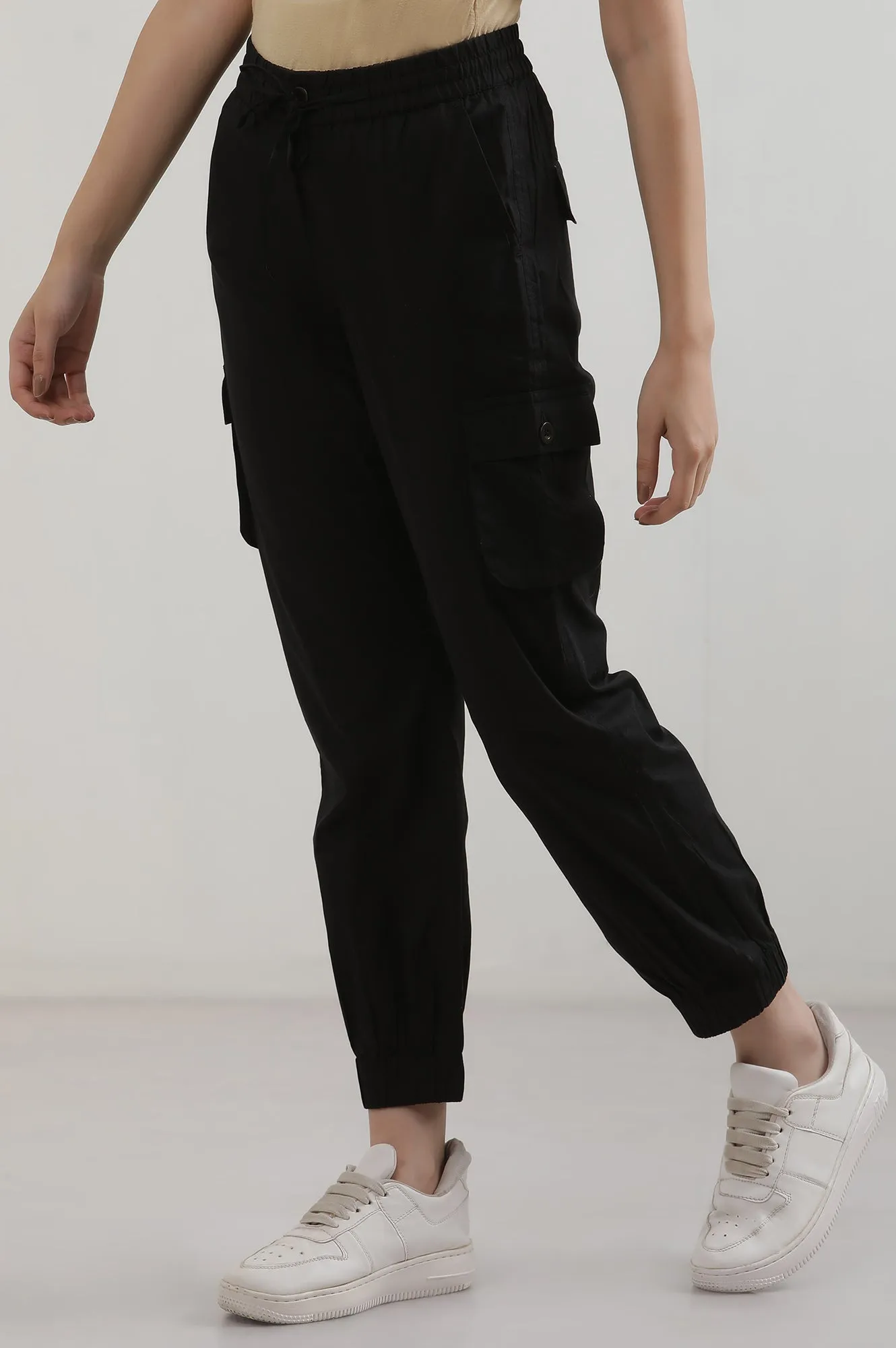 Black Solid Pure Cotton Cargo