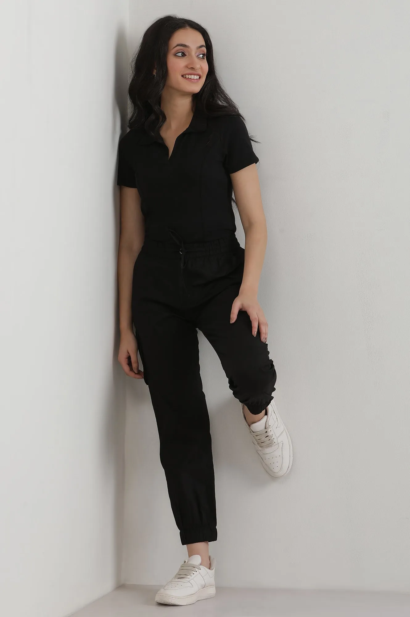 Black Solid Pure Cotton Cargo