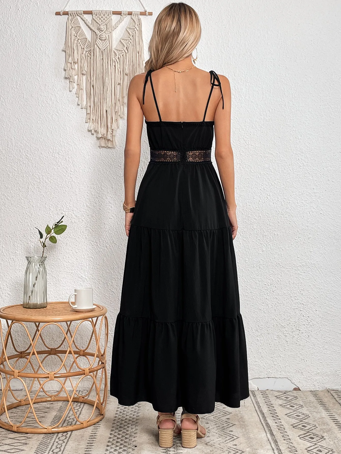 Black Strapy Lace Tiered Flared Dress