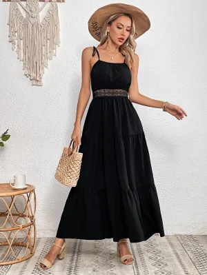 Black Strapy Lace Tiered Flared Dress