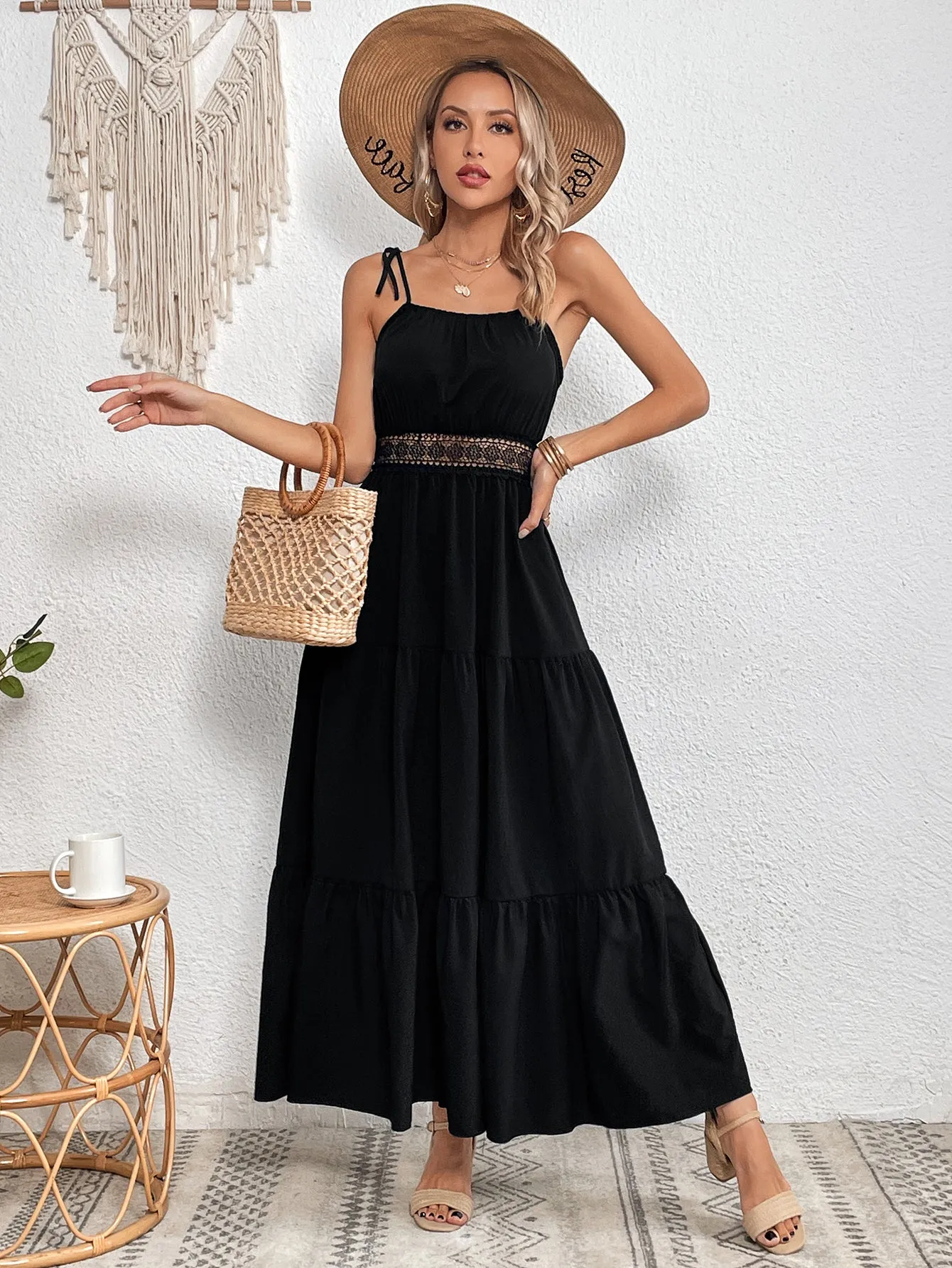 Black Strapy Lace Tiered Flared Dress