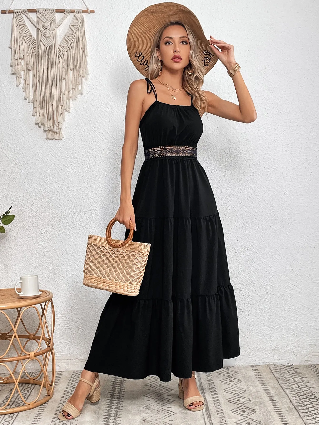 Black Strapy Lace Tiered Flared Dress