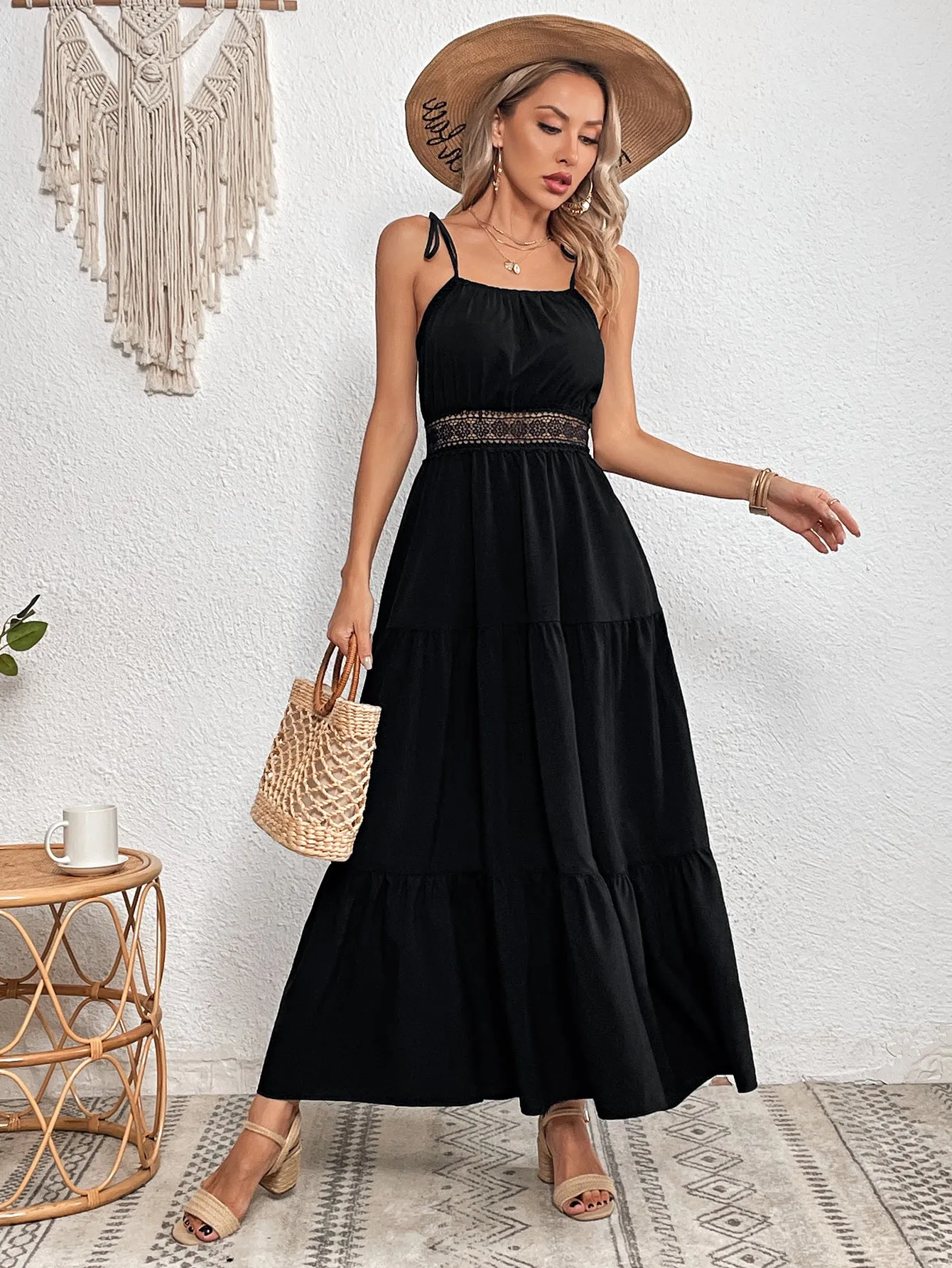 Black Strapy Lace Tiered Flared Dress