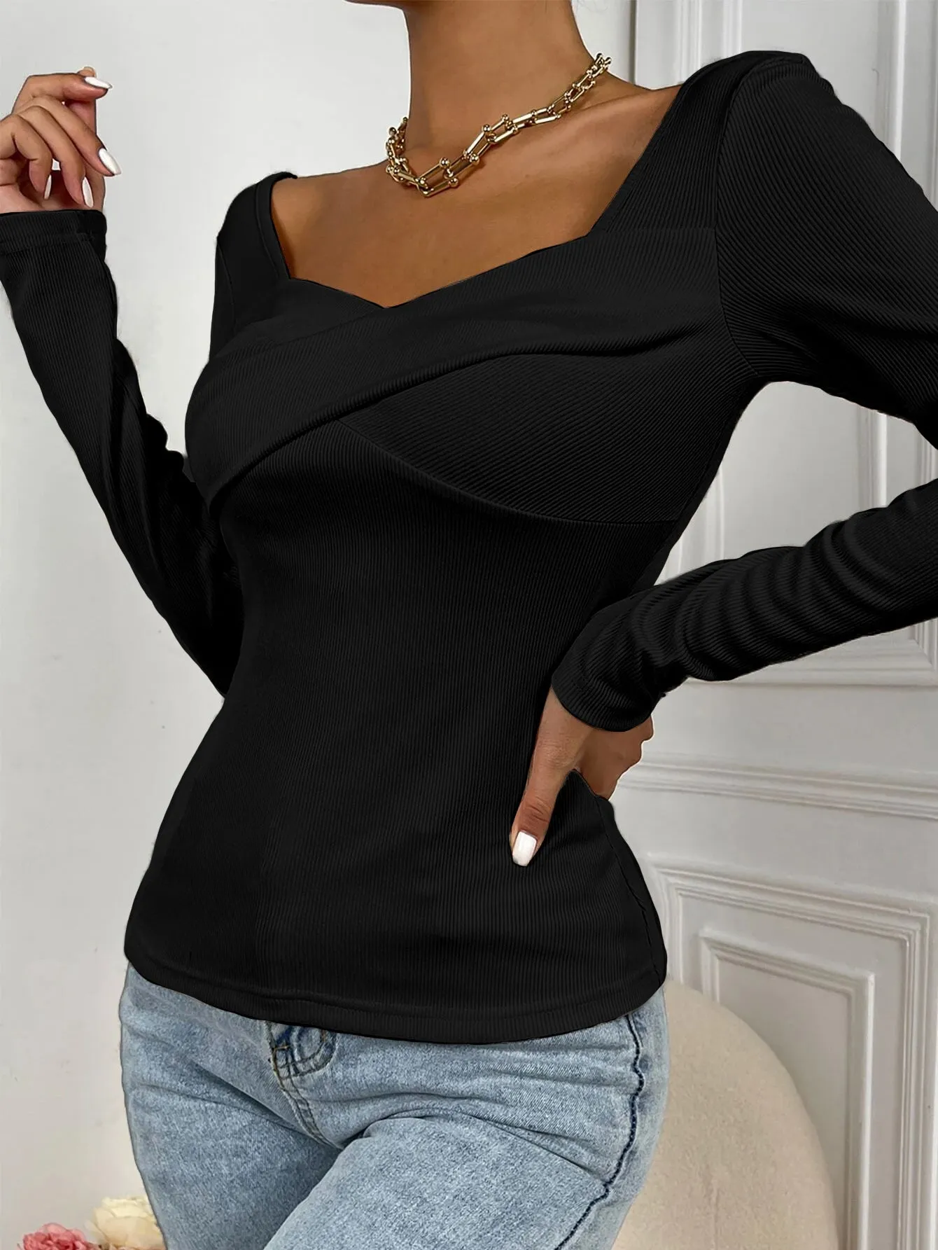 Black Sweetheart Neckline Criss Cross Detailing Top