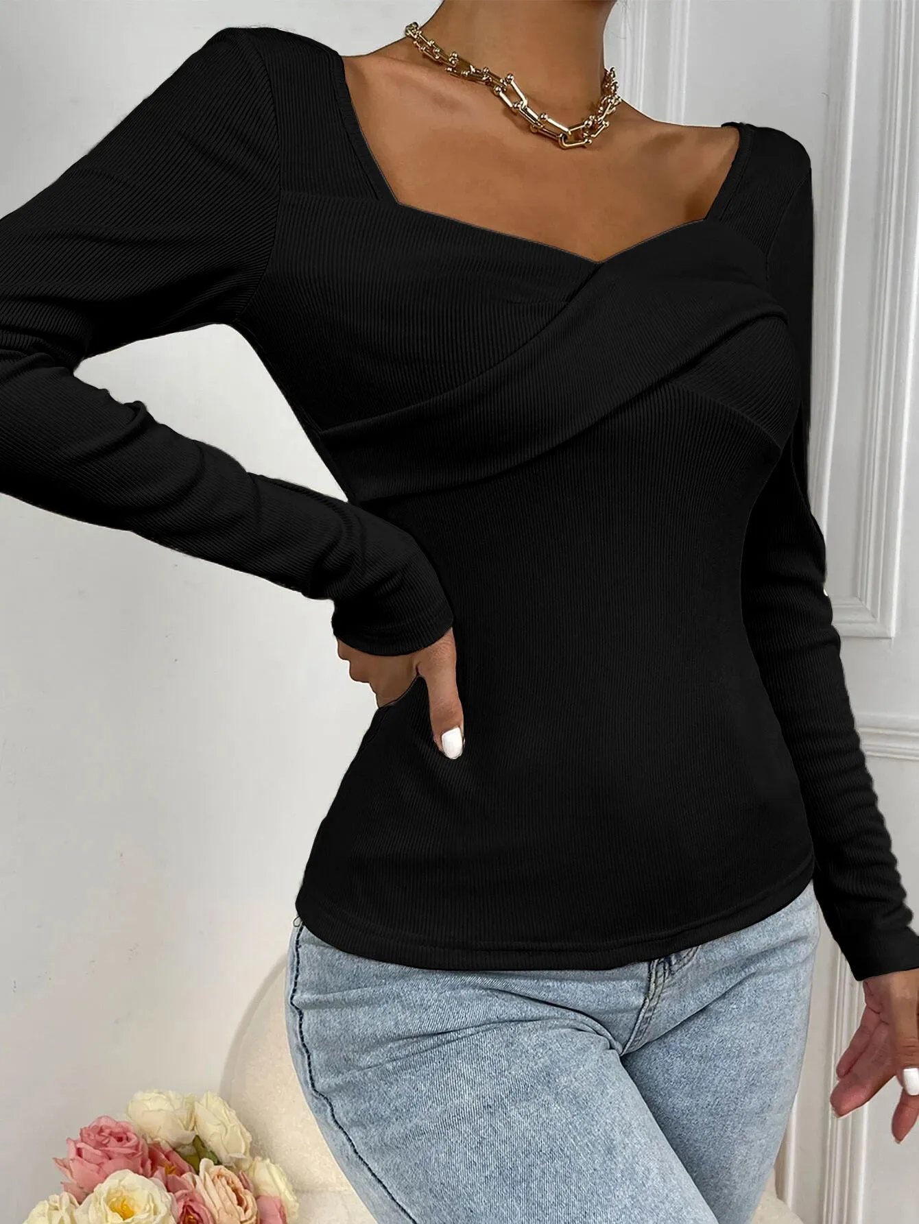 Black Sweetheart Neckline Criss Cross Detailing Top
