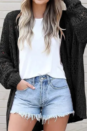 Black White Casual Hollowed Knit Dolman Sleeve Cardigan