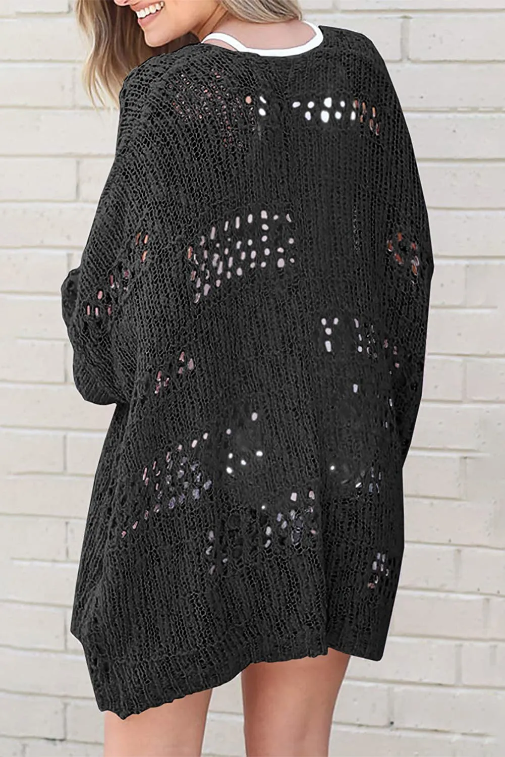 Black White Casual Hollowed Knit Dolman Sleeve Cardigan