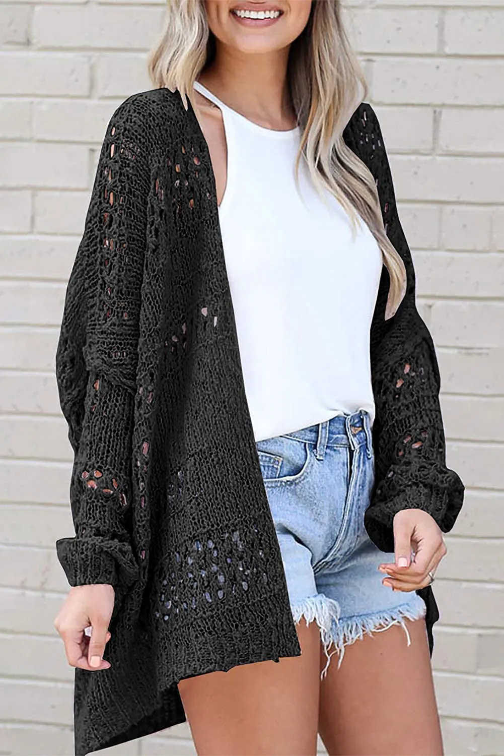 Black White Casual Hollowed Knit Dolman Sleeve Cardigan