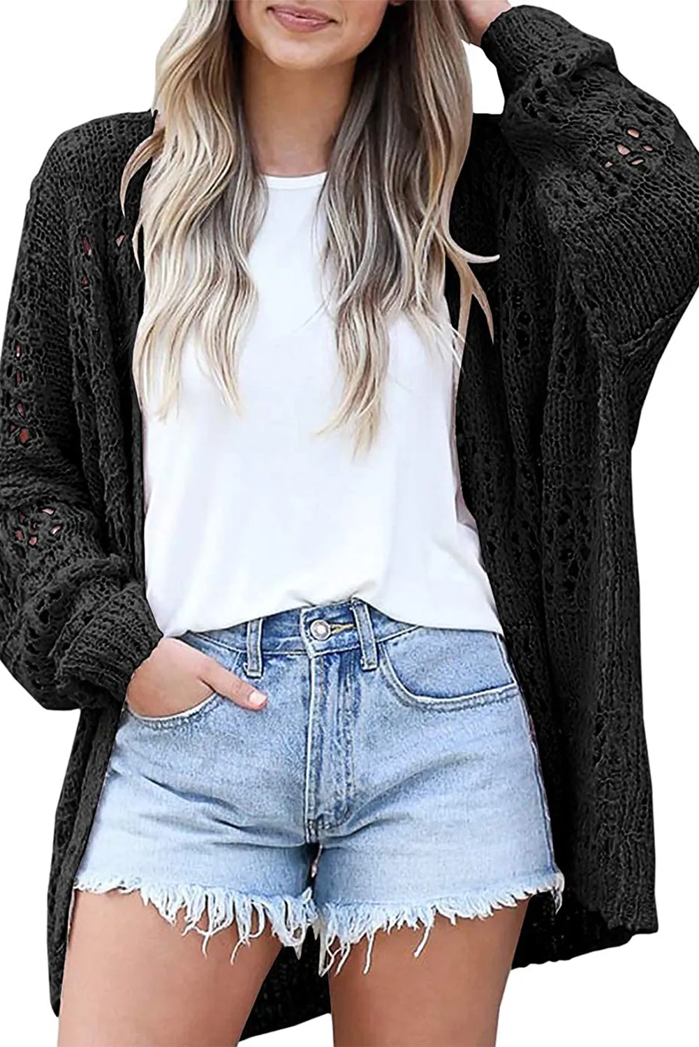 Black White Casual Hollowed Knit Dolman Sleeve Cardigan