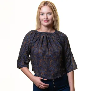 Black With Blue Long Sleeve Off the Shoulder Blouse for Women - Going Out Pattern Tops for Ladies