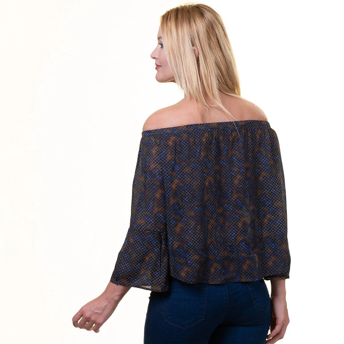 Black With Blue Long Sleeve Off the Shoulder Blouse for Women - Going Out Pattern Tops for Ladies