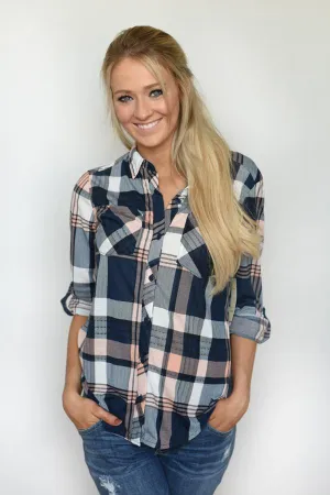 Blue & Peach Plaid Top