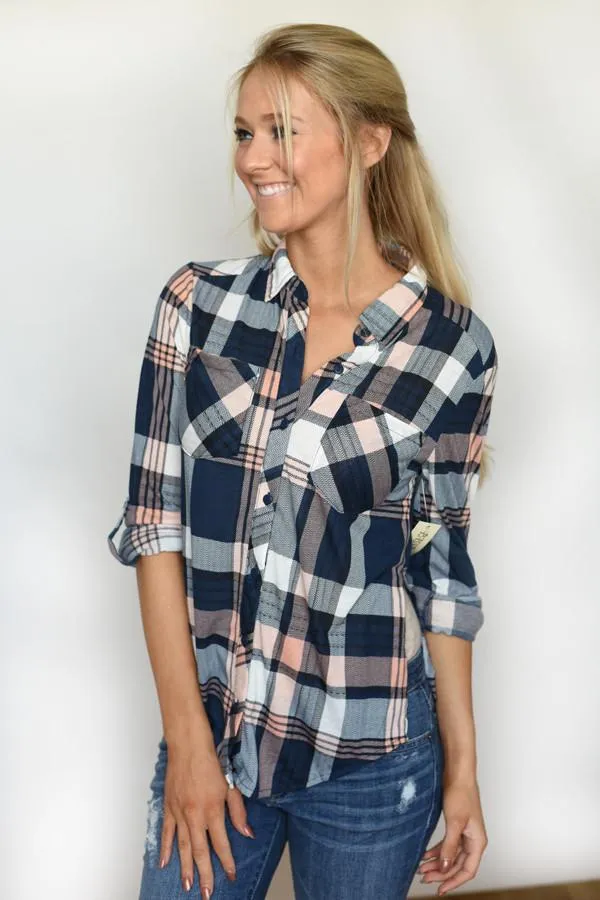 Blue & Peach Plaid Top