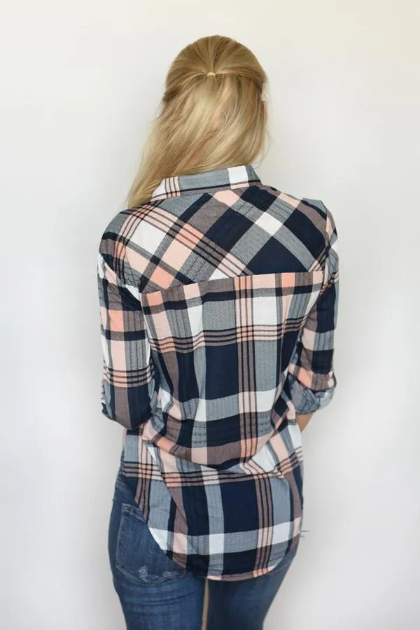 Blue & Peach Plaid Top