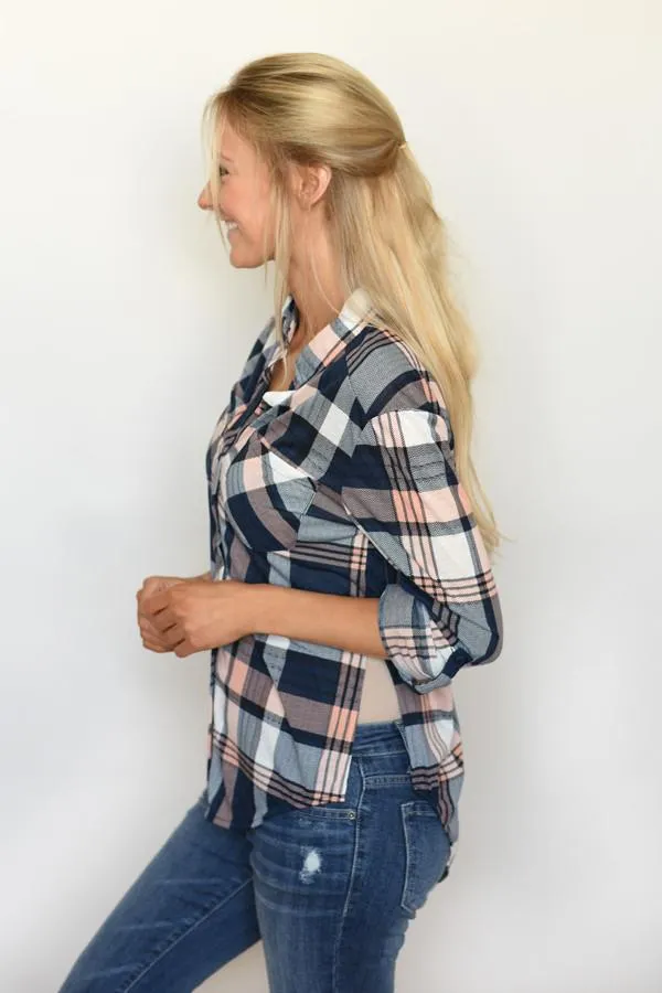 Blue & Peach Plaid Top
