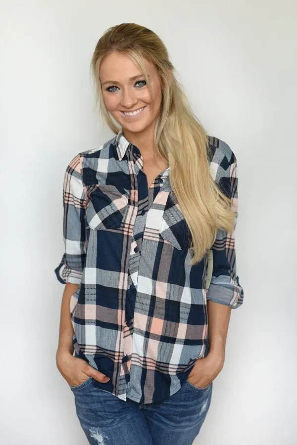 Blue & Peach Plaid Top