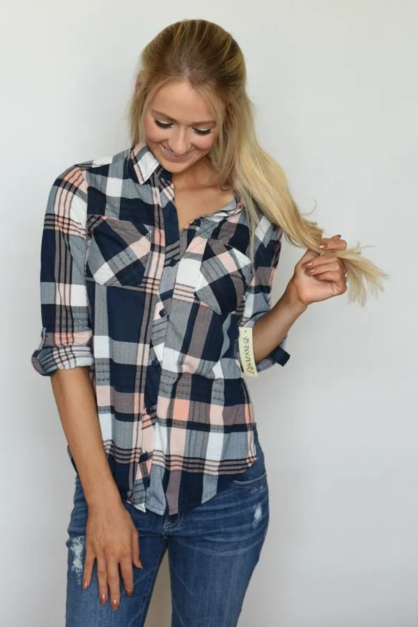 Blue & Peach Plaid Top