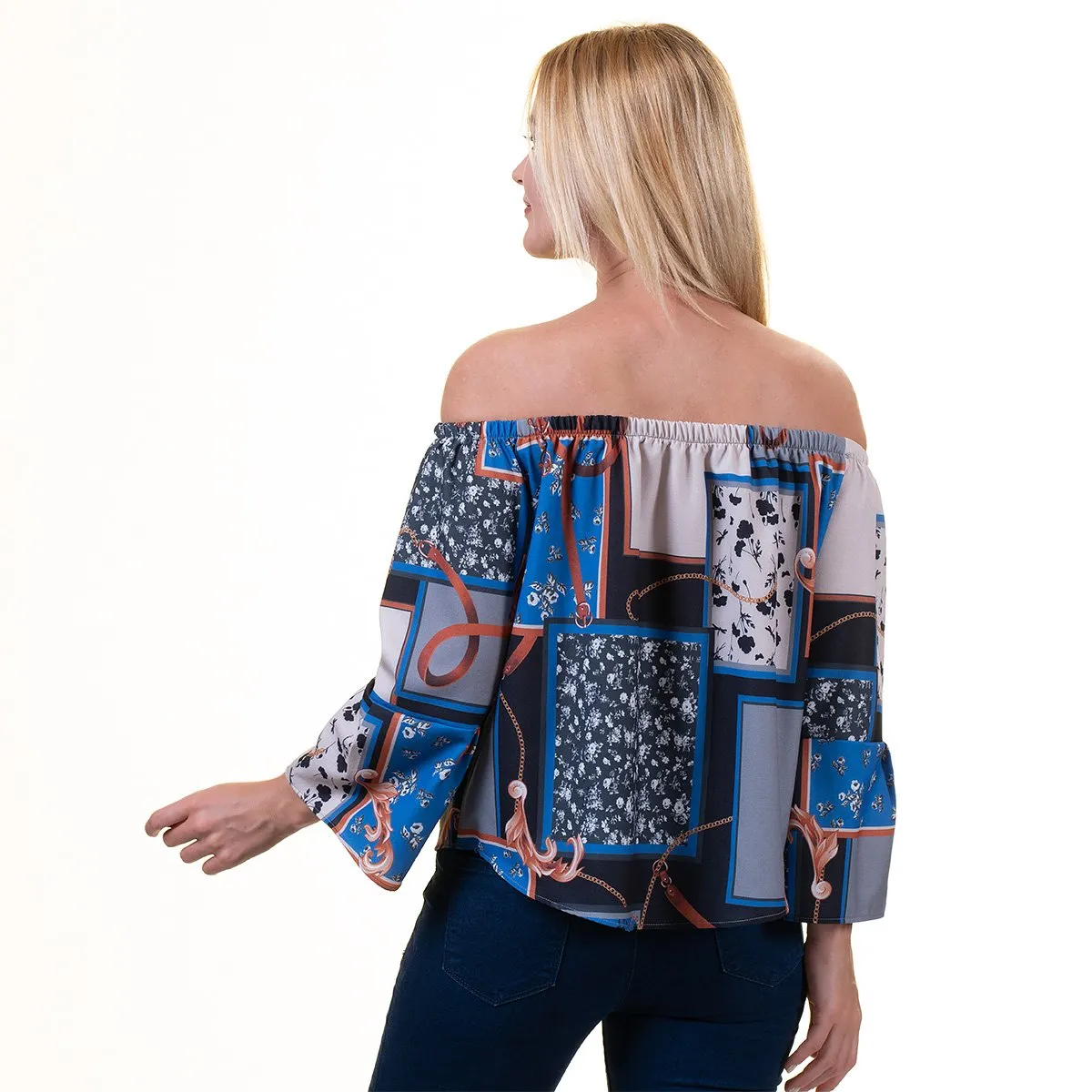 Blue Multi-Color Long Sleeve Off the Shoulder Blouse for Women - Going Out Polka Dots Tops for