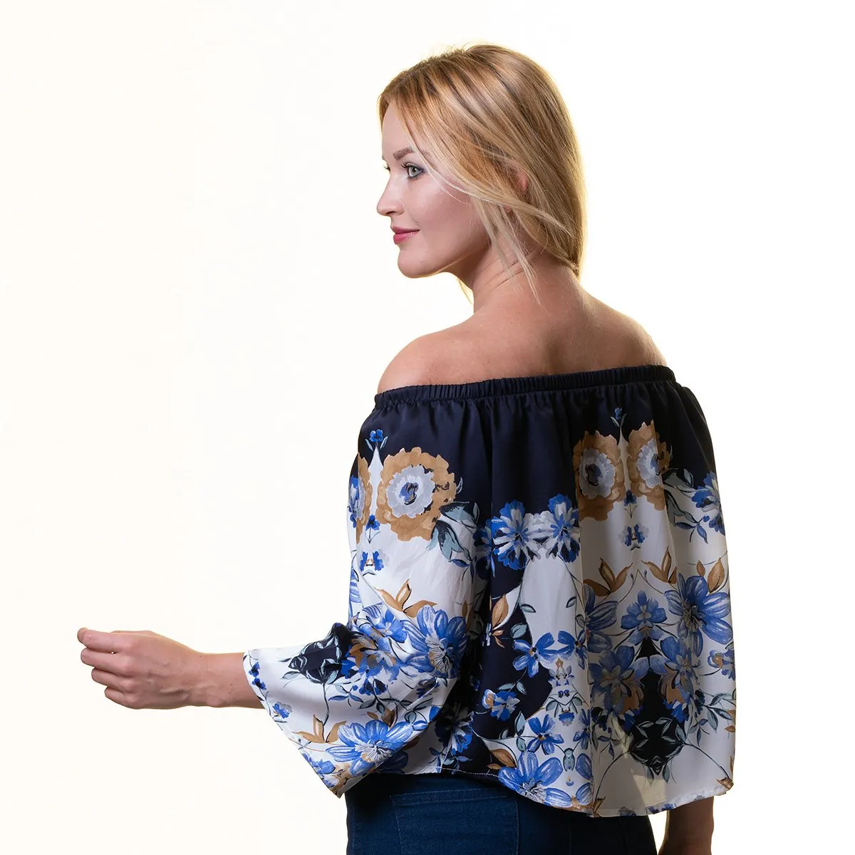 Blue Multicolor Long Sleeve Off the Shoulder Blouse for Women - Going Out Designer Tops for Ladies