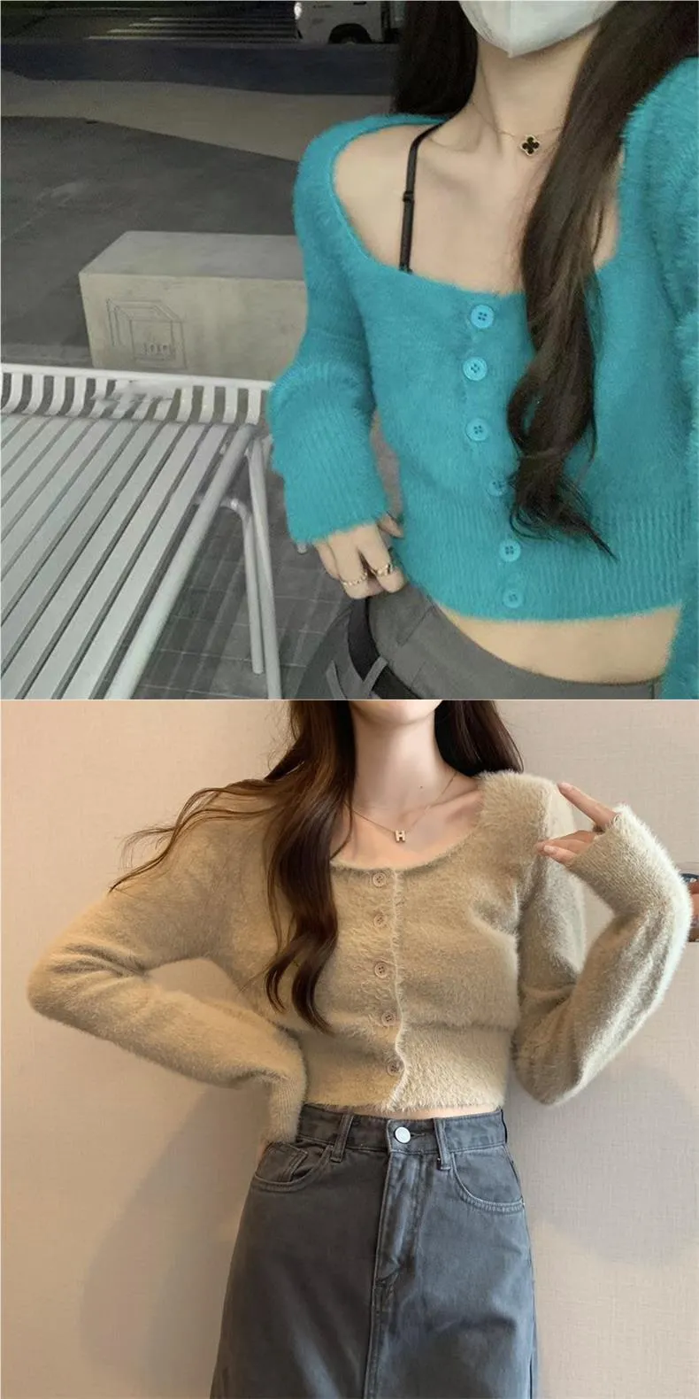 Blue Square Neck Fuzzy Top