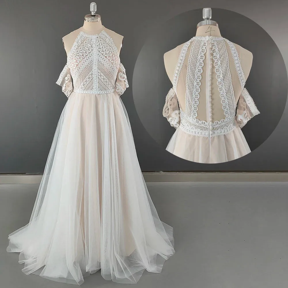 Bohemian Cutout Lace Halter Wedding Dress A Line Racerback Pearls