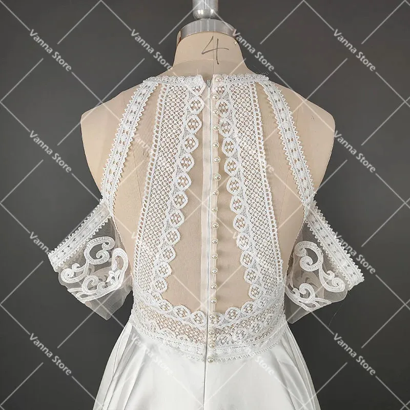 Bohemian Cutout Lace Halter Wedding Dress A Line Racerback Pearls
