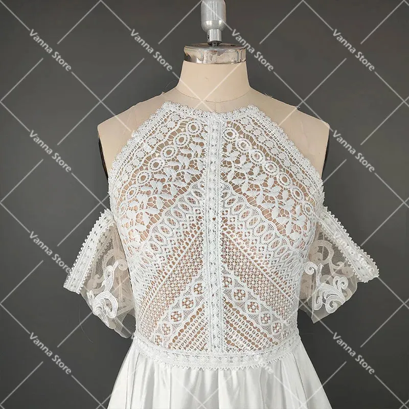 Bohemian Cutout Lace Halter Wedding Dress A Line Racerback Pearls