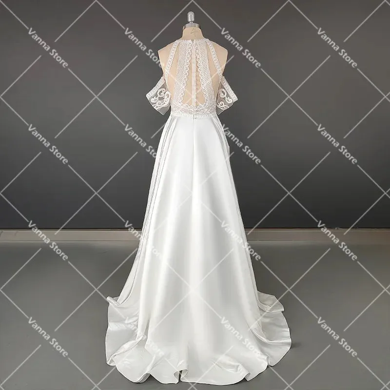Bohemian Cutout Lace Halter Wedding Dress A Line Racerback Pearls
