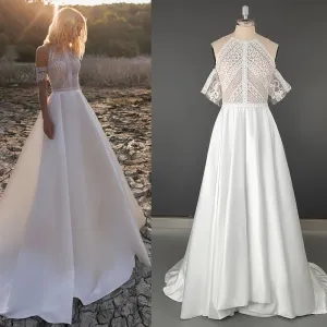 Bohemian Cutout Lace Halter Wedding Dress A Line Racerback Pearls