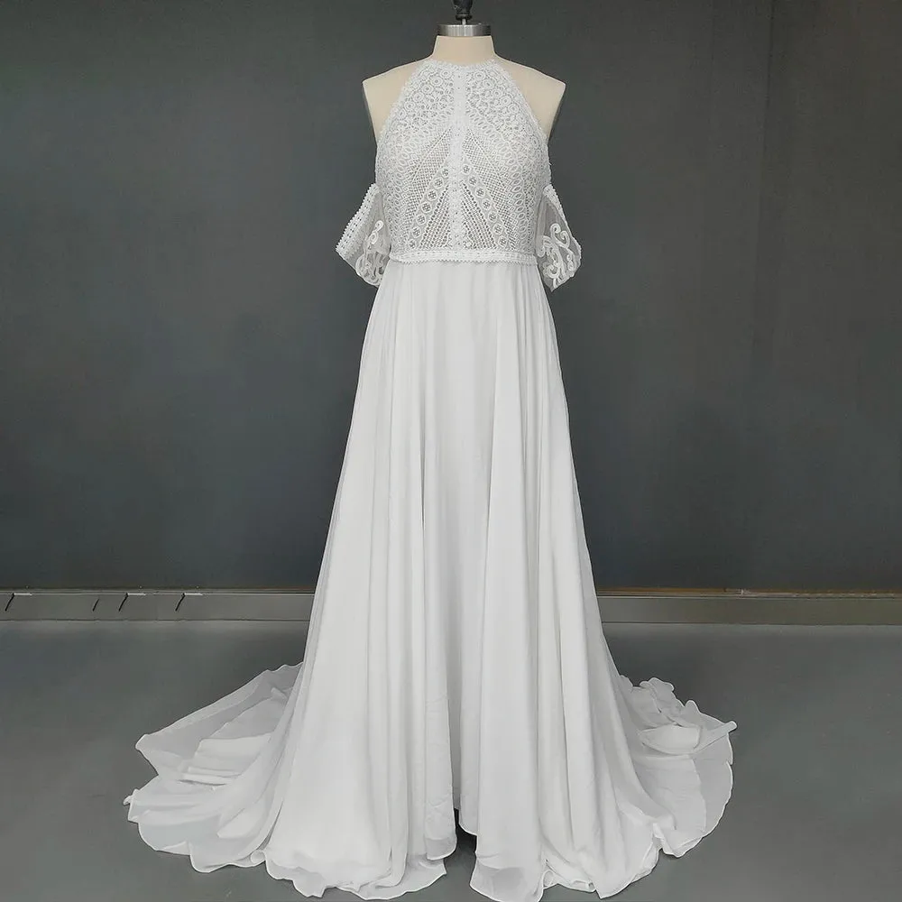 Bohemian Cutout Lace Halter Wedding Dress A Line Racerback Pearls