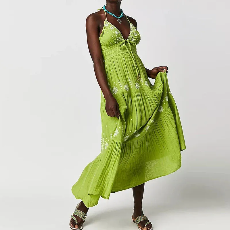 Boho Beach Style Embroidery V Neck Backless Halter Long Club Party Holiday Dress