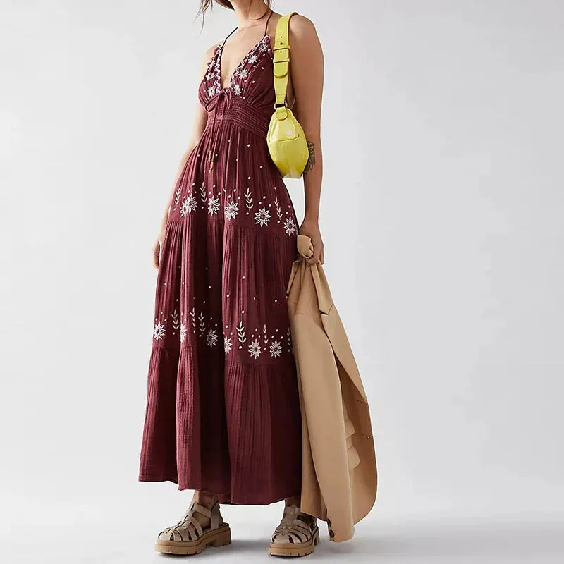 Boho Beach Style Embroidery V Neck Backless Halter Long Club Party Holiday Dress