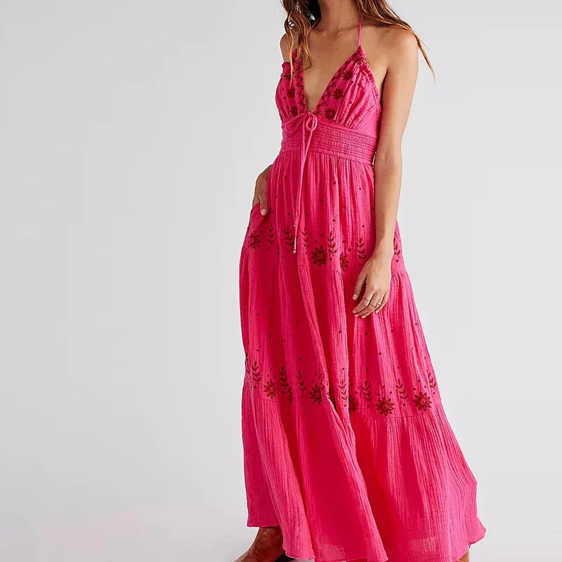 Boho Beach Style Embroidery V Neck Backless Halter Long Club Party Holiday Dress