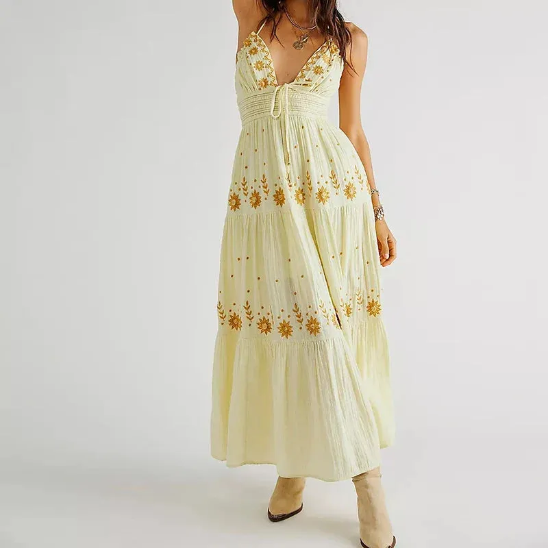 Boho Beach Style Embroidery V Neck Backless Halter Long Club Party Holiday Dress
