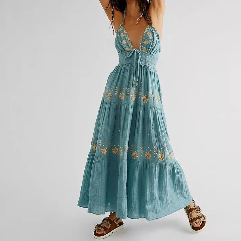 Boho Beach Style Embroidery V Neck Backless Halter Long Club Party Holiday Dress