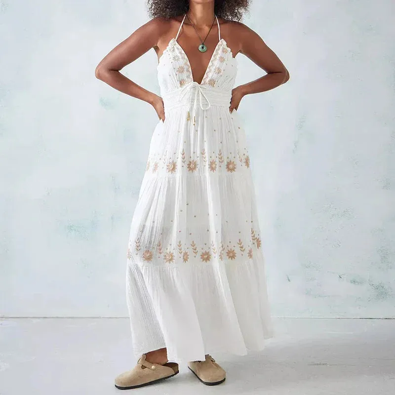 Boho Beach Style Embroidery V Neck Backless Halter Long Club Party Holiday Dress