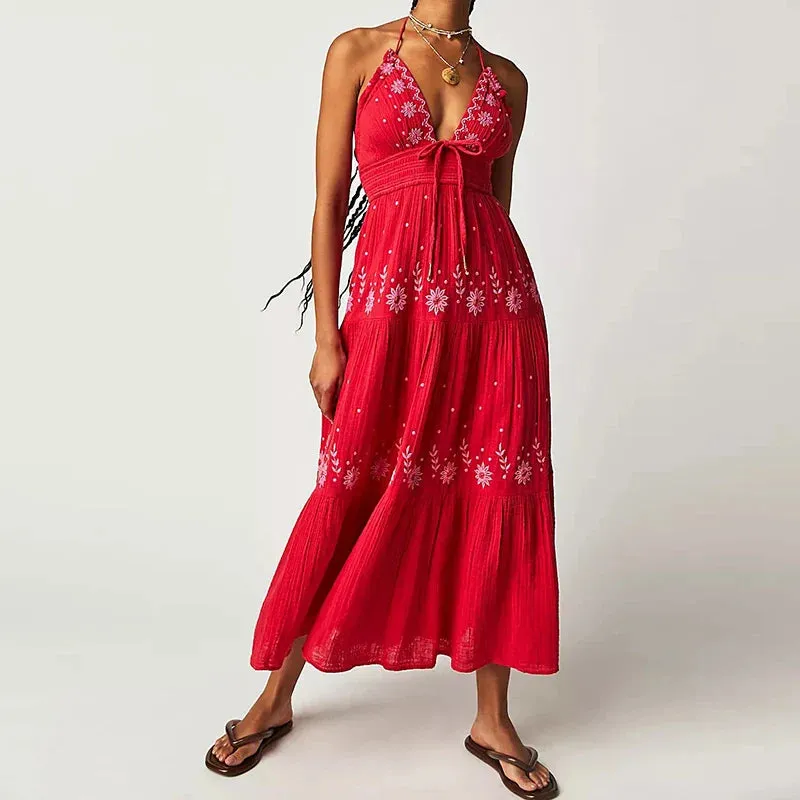 Boho Beach Style Embroidery V Neck Backless Halter Long Club Party Holiday Dress