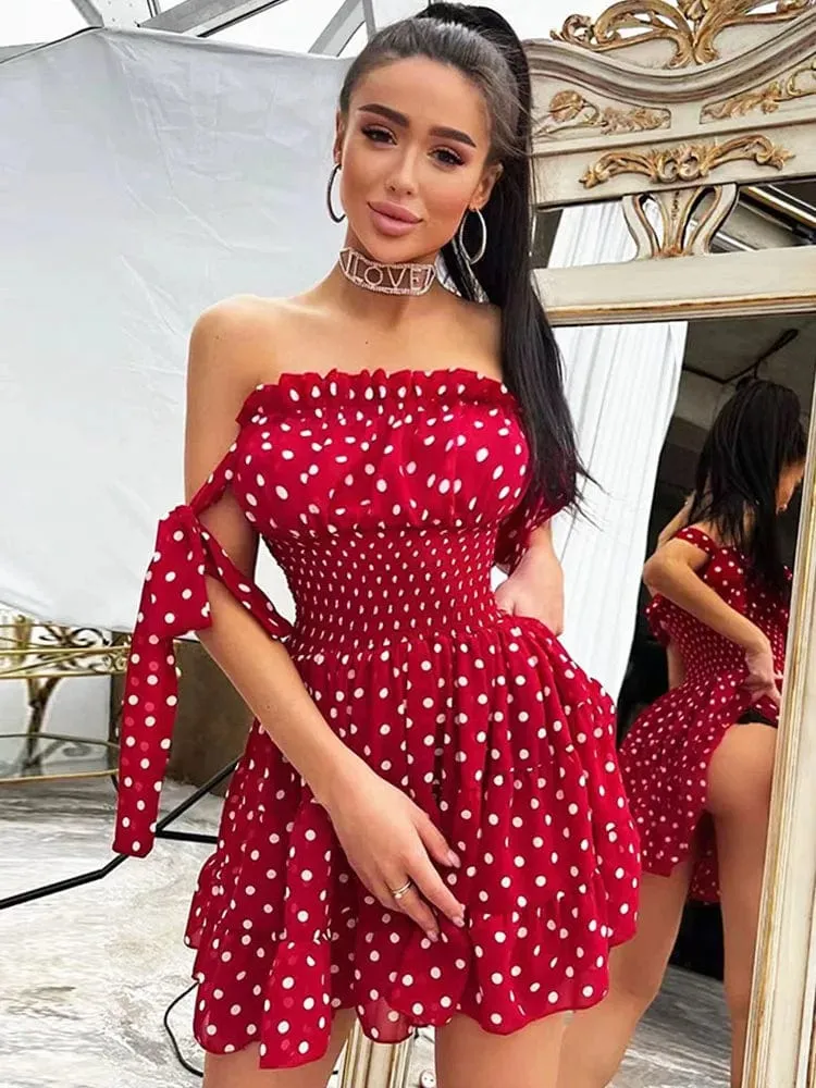 Boho Chic Red Polka Dot Ruched Dress - Sweet and Sexy Off-Shoulder Style