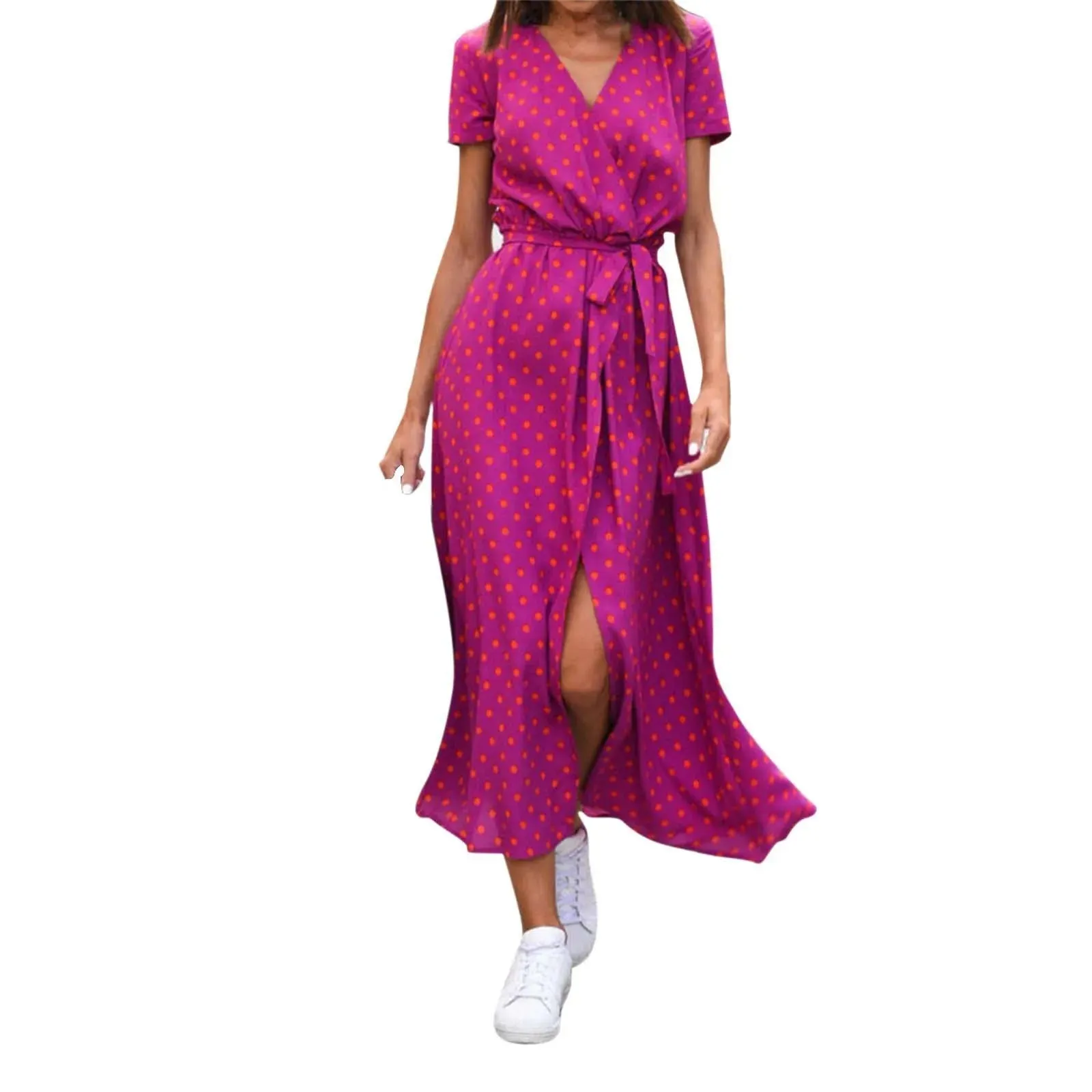 Boho Dress with Deep V Neck Polka Dot Print Tie Waist Short Sleeves and Slit - Ladies Vacation Style