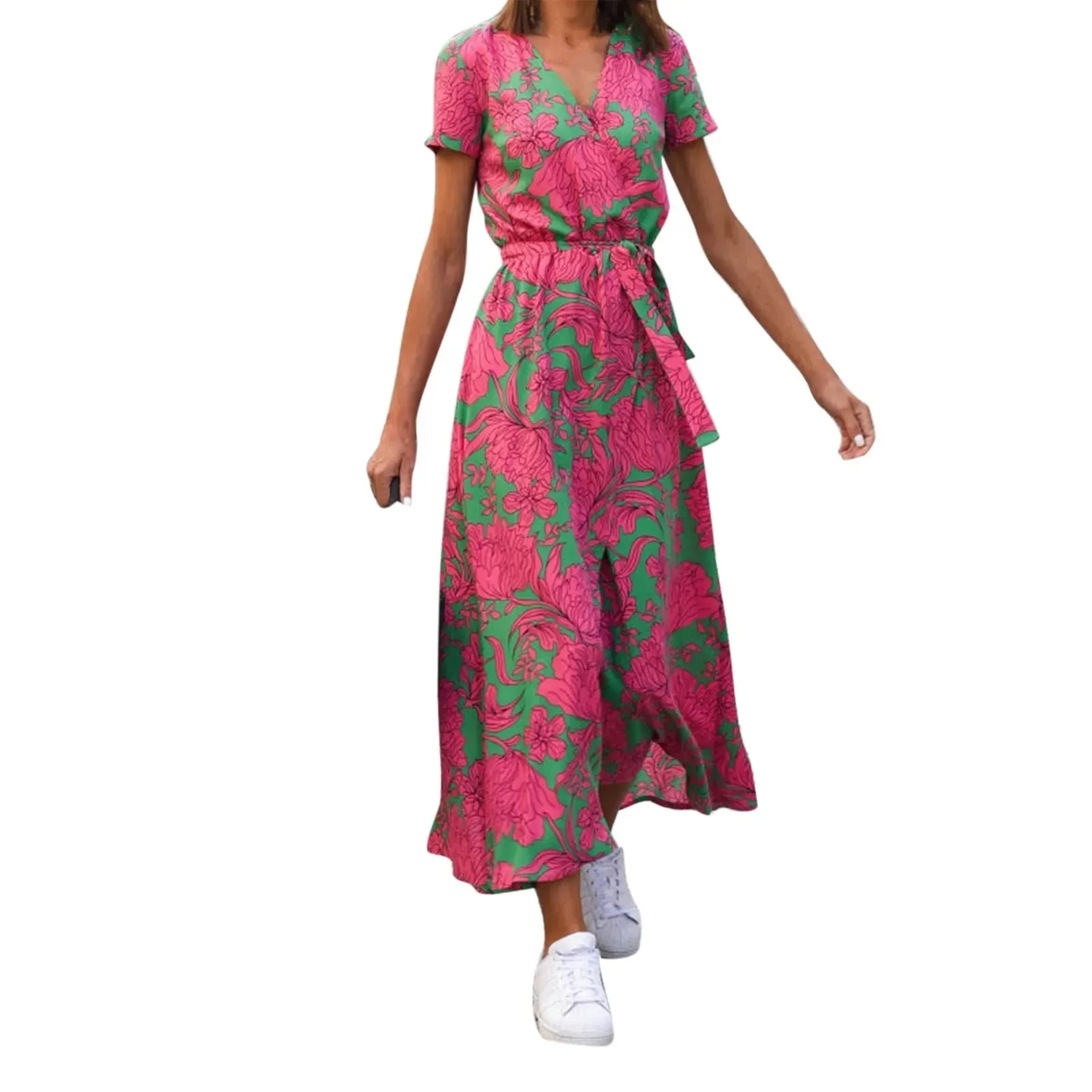 Boho Dress with Deep V Neck Polka Dot Print Tie Waist Short Sleeves and Slit - Ladies Vacation Style