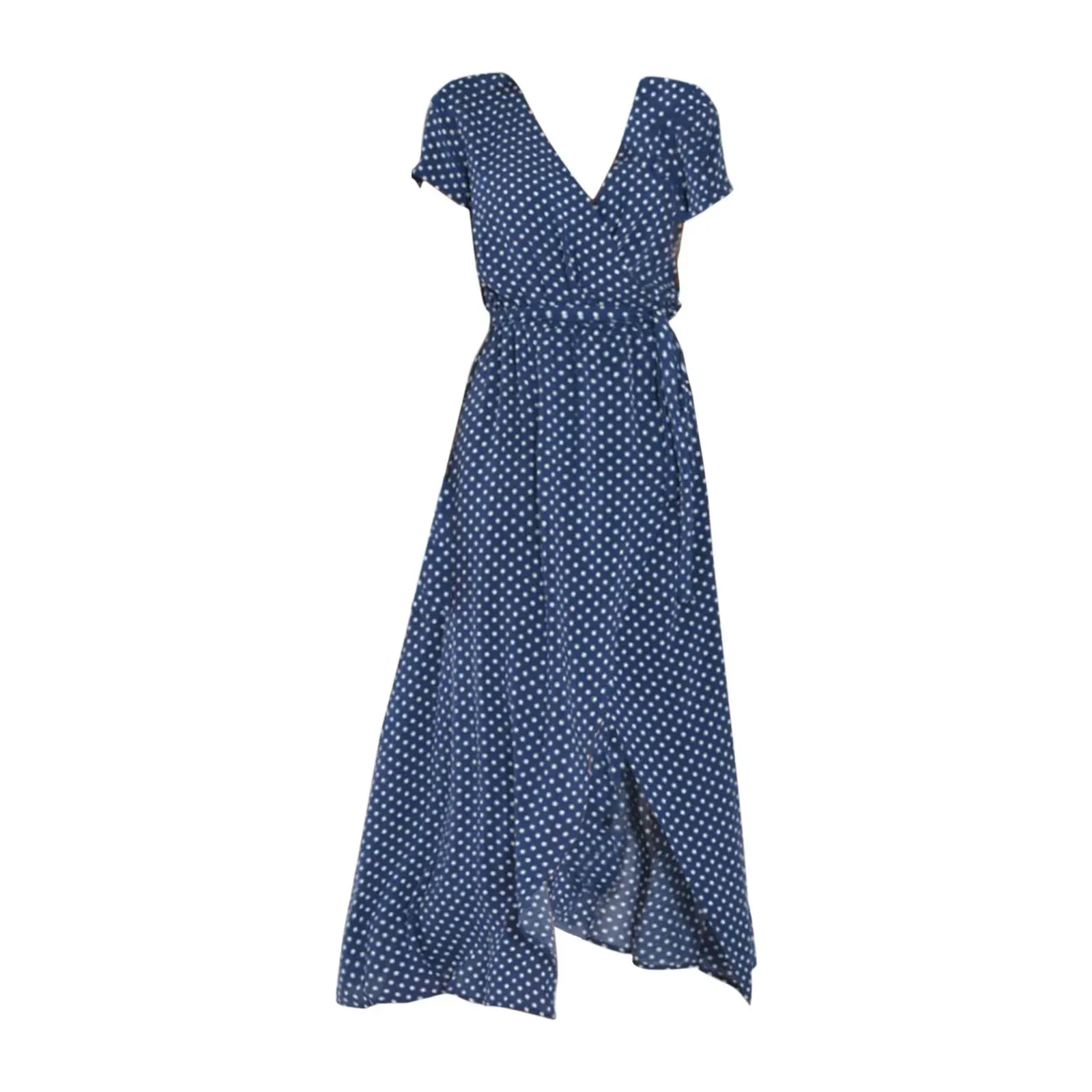 Boho Dress with Deep V Neck Polka Dot Print Tie Waist Short Sleeves and Slit - Ladies Vacation Style