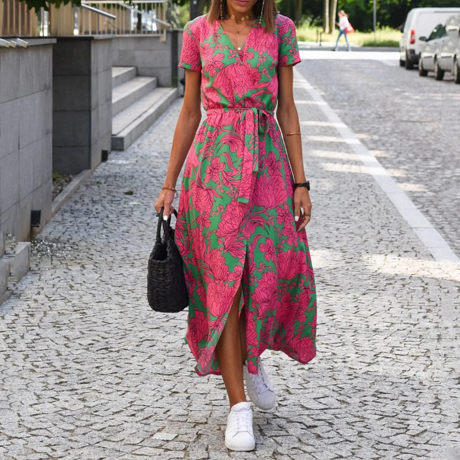 Boho Dress with Deep V Neck Polka Dot Print Tie Waist Short Sleeves and Slit - Ladies Vacation Style