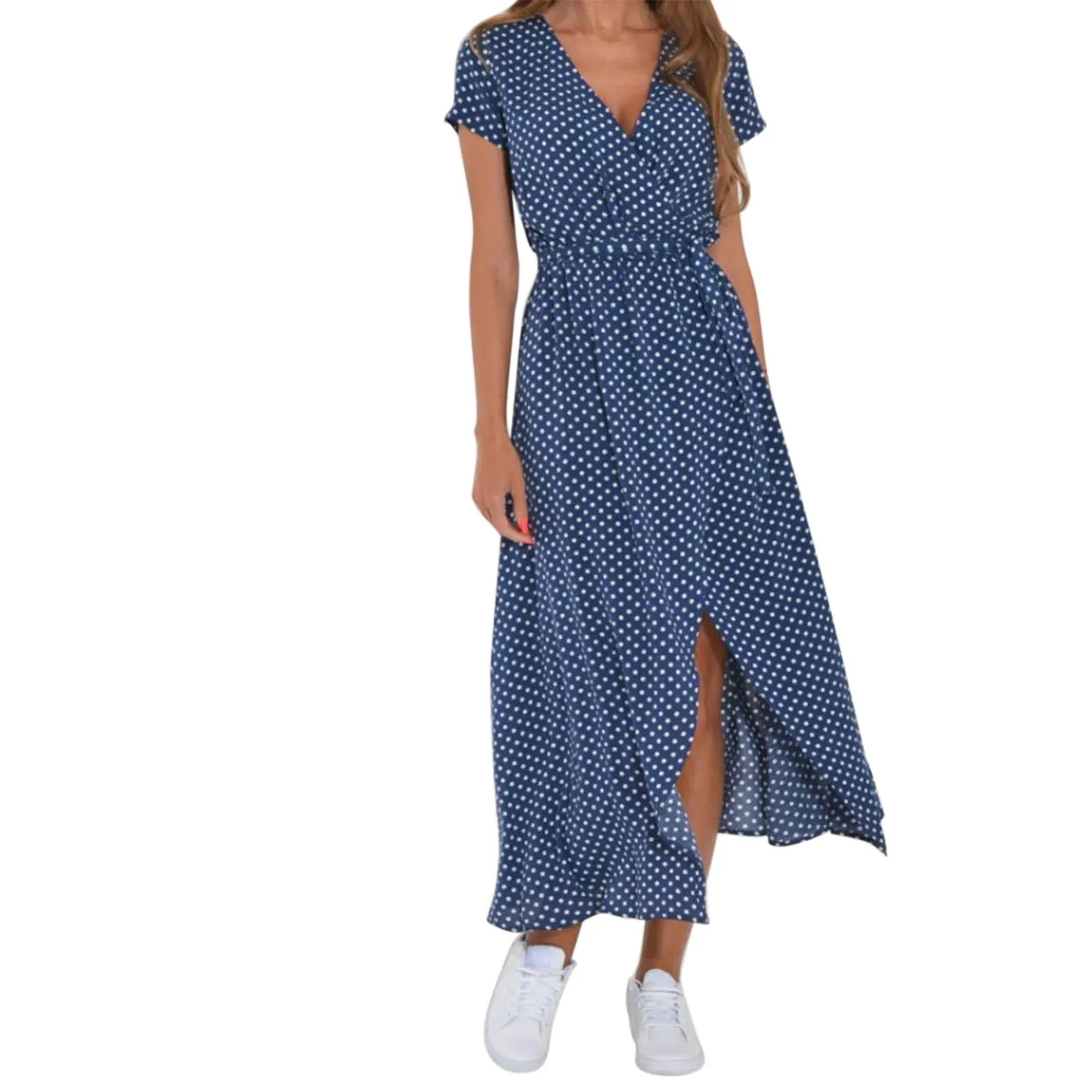 Boho Dress with Deep V Neck Polka Dot Print Tie Waist Short Sleeves and Slit - Ladies Vacation Style