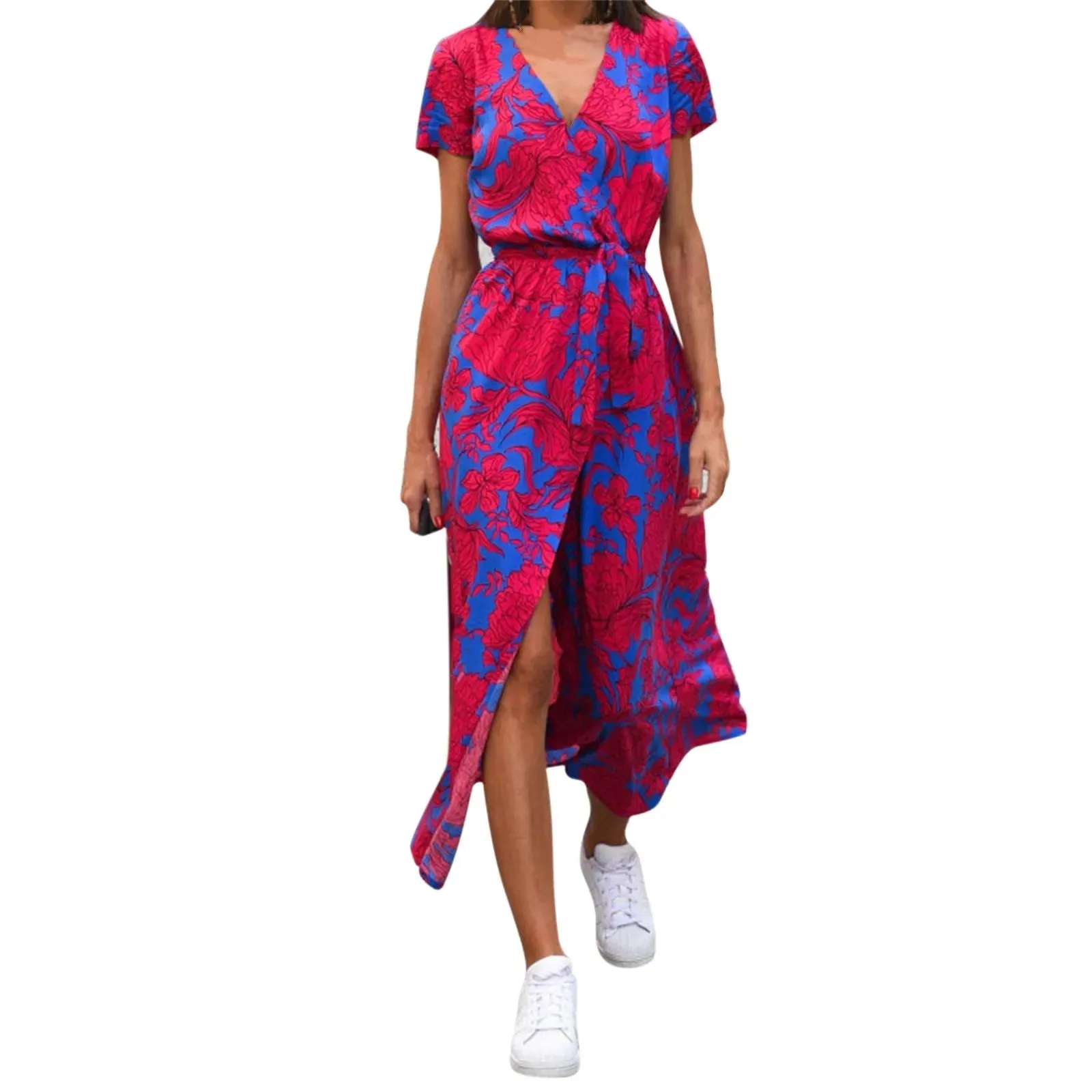 Boho Dress with Deep V Neck Polka Dot Print Tie Waist Short Sleeves and Slit - Ladies Vacation Style