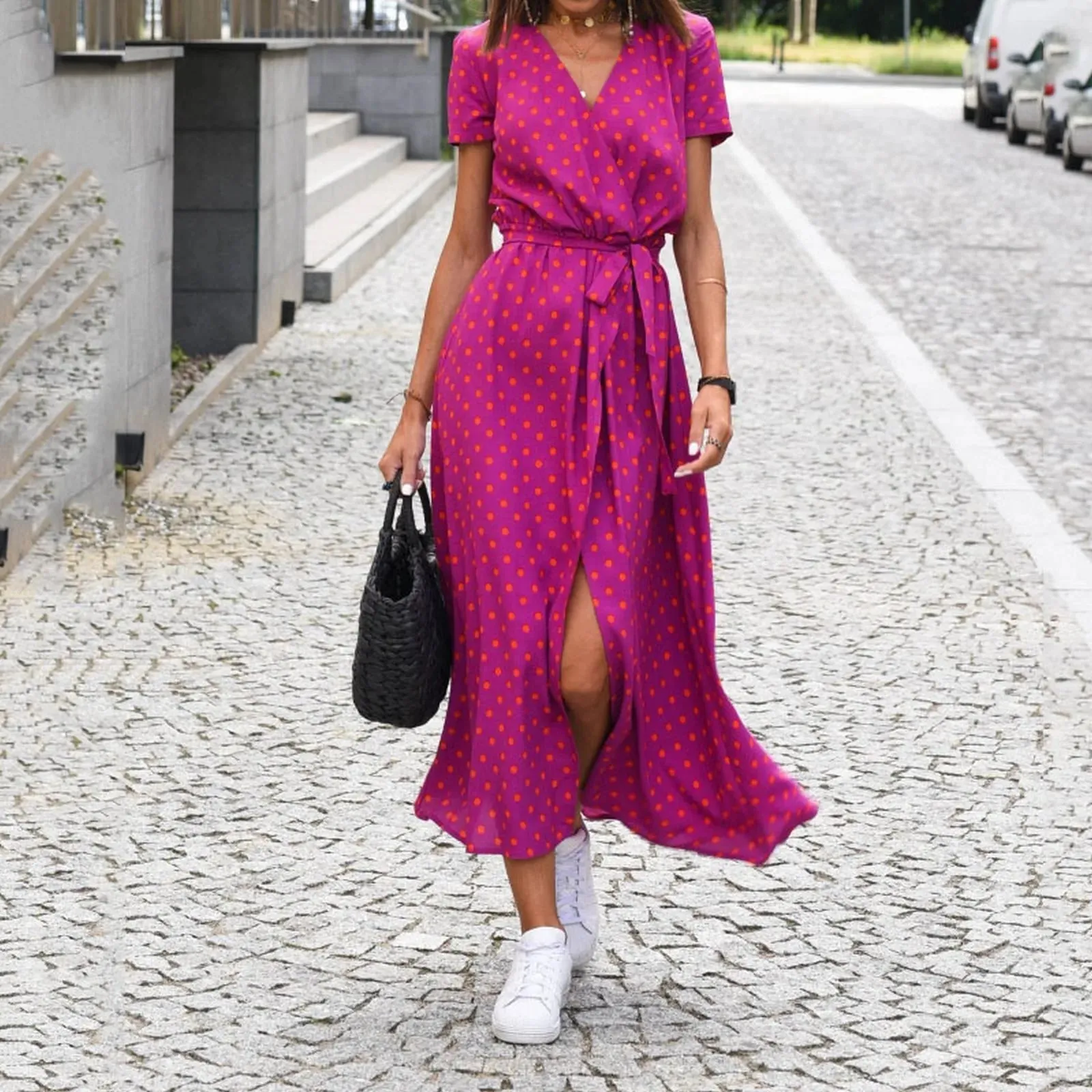 Boho Dress with Deep V Neck Polka Dot Print Tie Waist Short Sleeves and Slit - Ladies Vacation Style