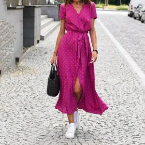 Boho Dress with Deep V Neck Polka Dot Print Tie Waist Short Sleeves and Slit - Ladies Vacation Style