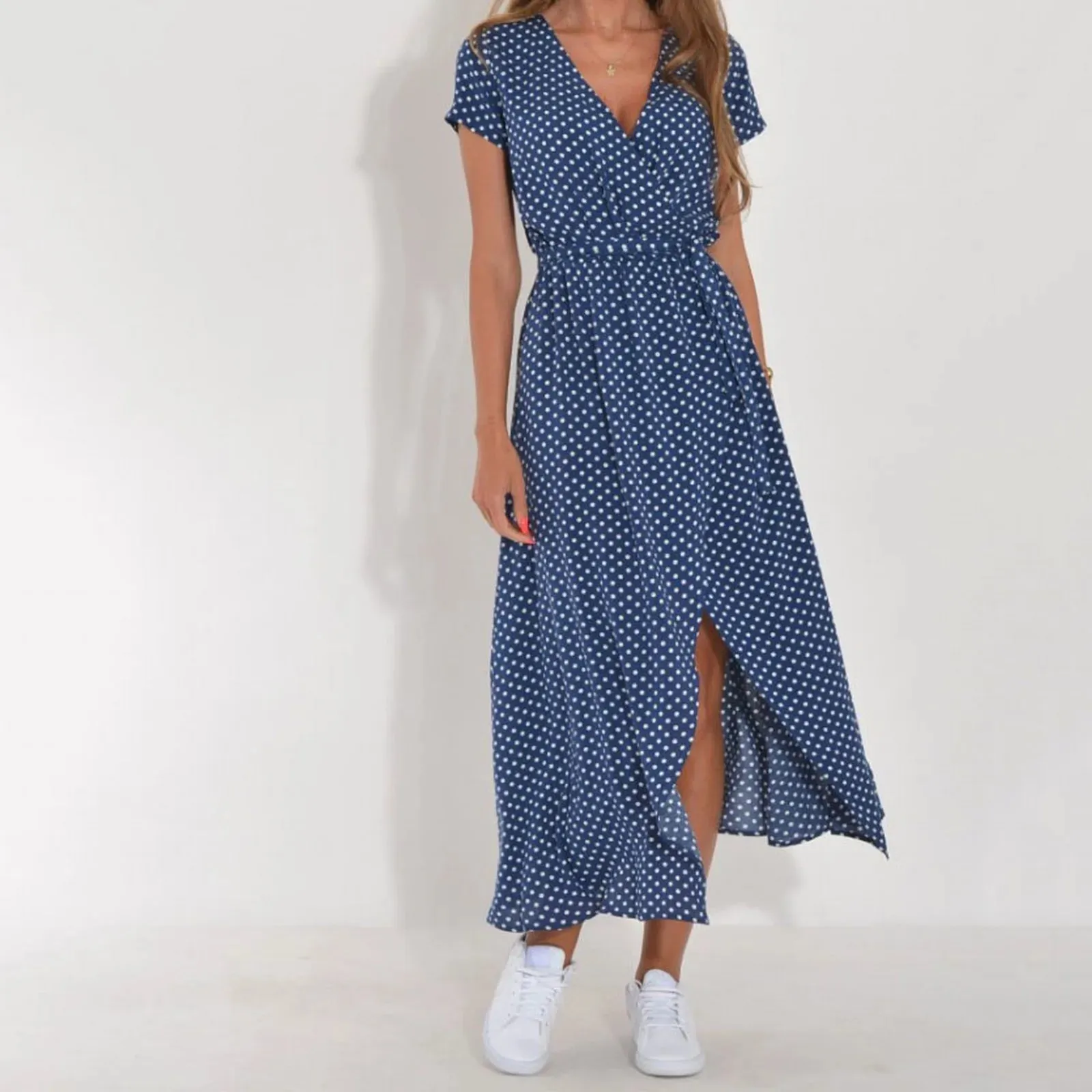 Boho Dress with Deep V Neck Polka Dot Print Tie Waist Short Sleeves and Slit - Ladies Vacation Style