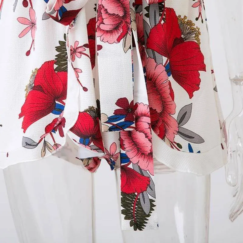 Boho Floral Print Ruffles Playsuits V Neck Jumpsuits Rompers  (US 8-14)