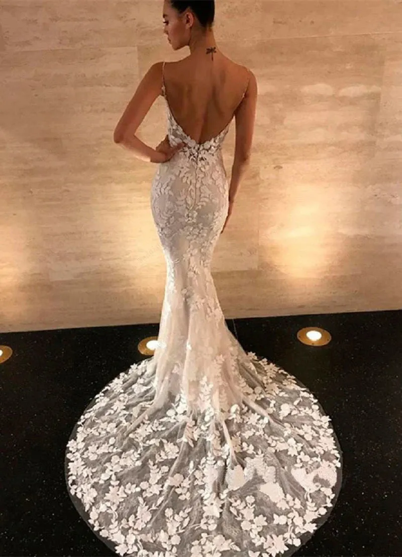 Boho Lace Appliques Wedding Dress Mermaid Bridal Dresses